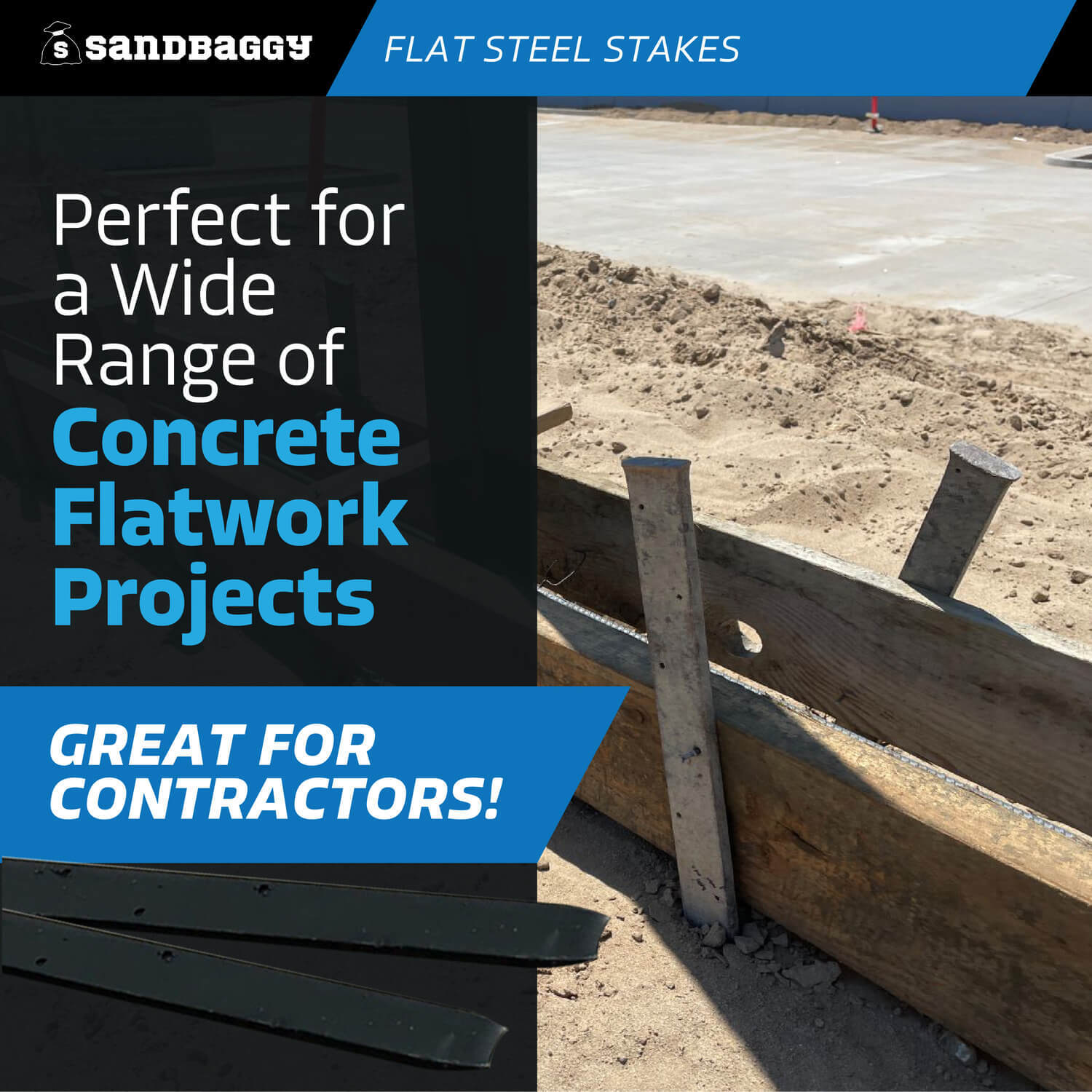 Sandbaggy 30″ Flat Steel Stakes For Concrete Forms With Nail Holes – Reusable