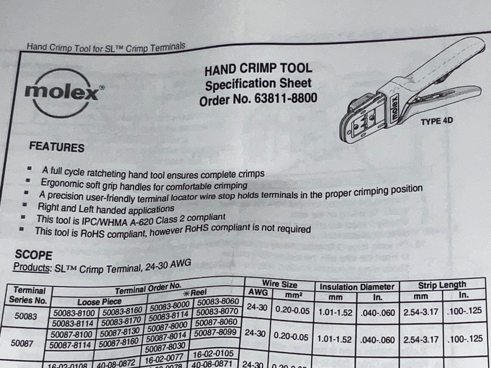 New Molex 63811-4400 Hand Crimp Tool Full Cycle Racheting Class 2 Compliant