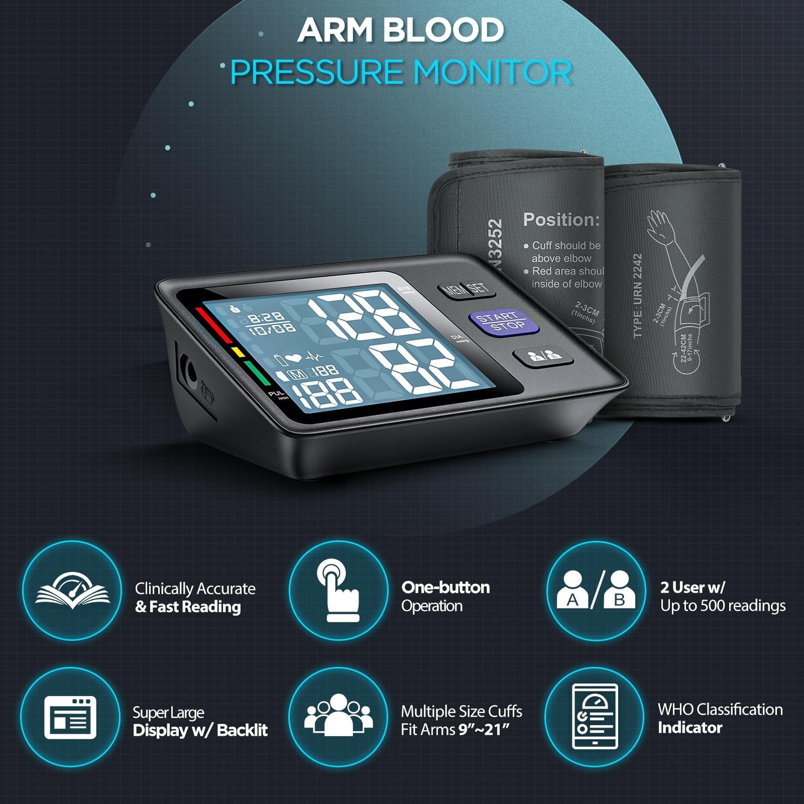 Blood Pressure Machine Upper Arm, 2 Size Cuffs M/L and XL, Medium/Large 9″-17…