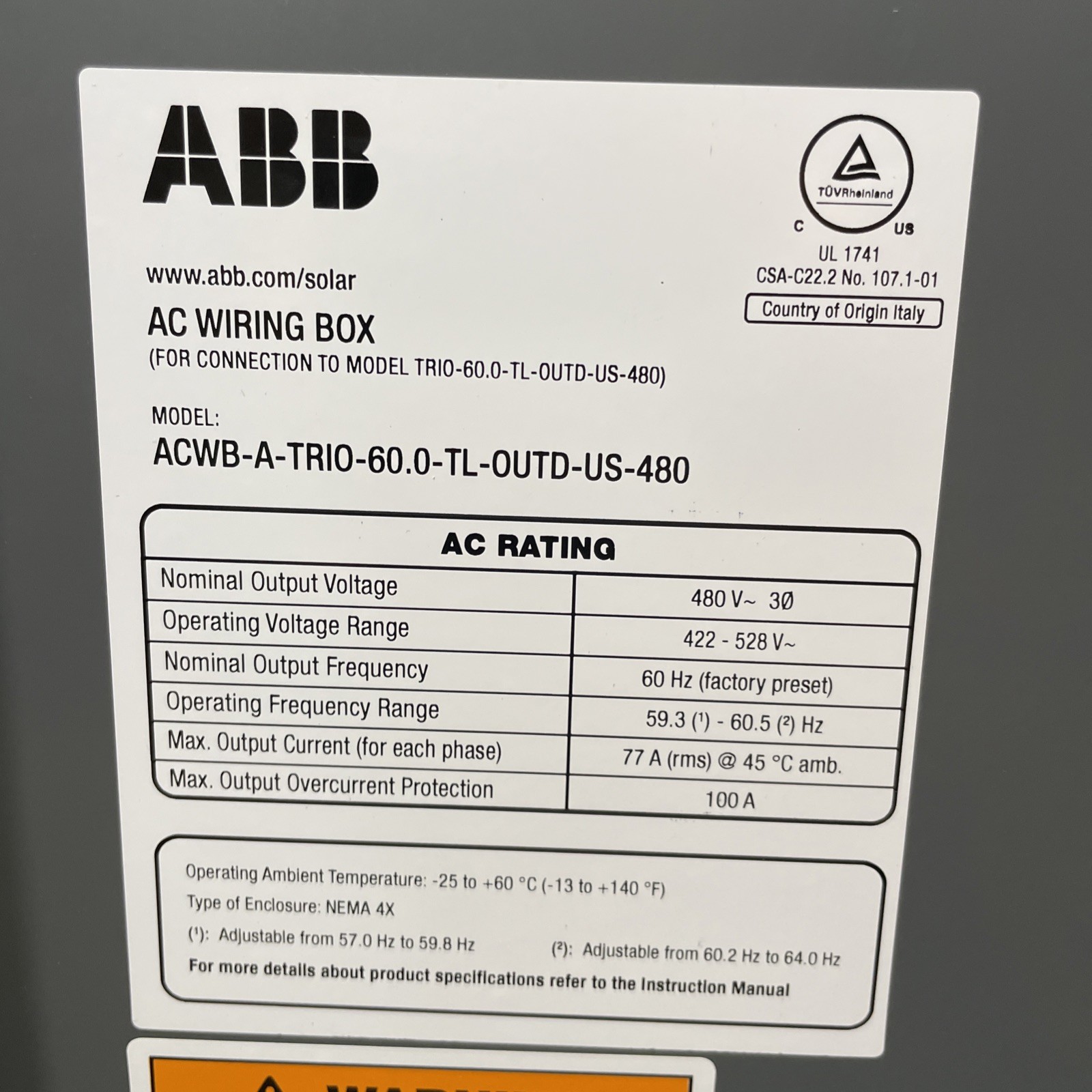 ABB AC Wiring Box ACWB-A-TRIO-60.0-TL-OUTD-US-480 New Solar READ DESC