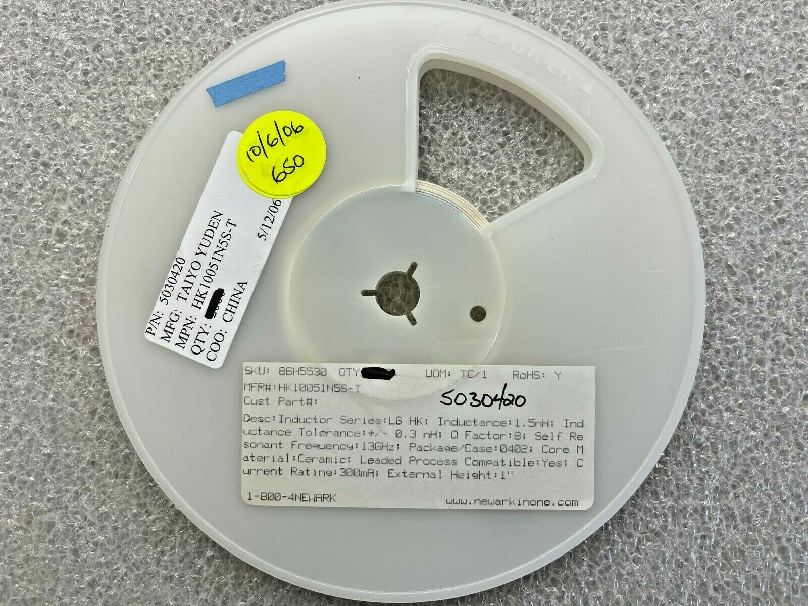 (650 PIECE REEL) HK10051N5S-T, TAIYO YUDEN FIXED IND 1.5NH 850MA 100MOHM SM ROHS