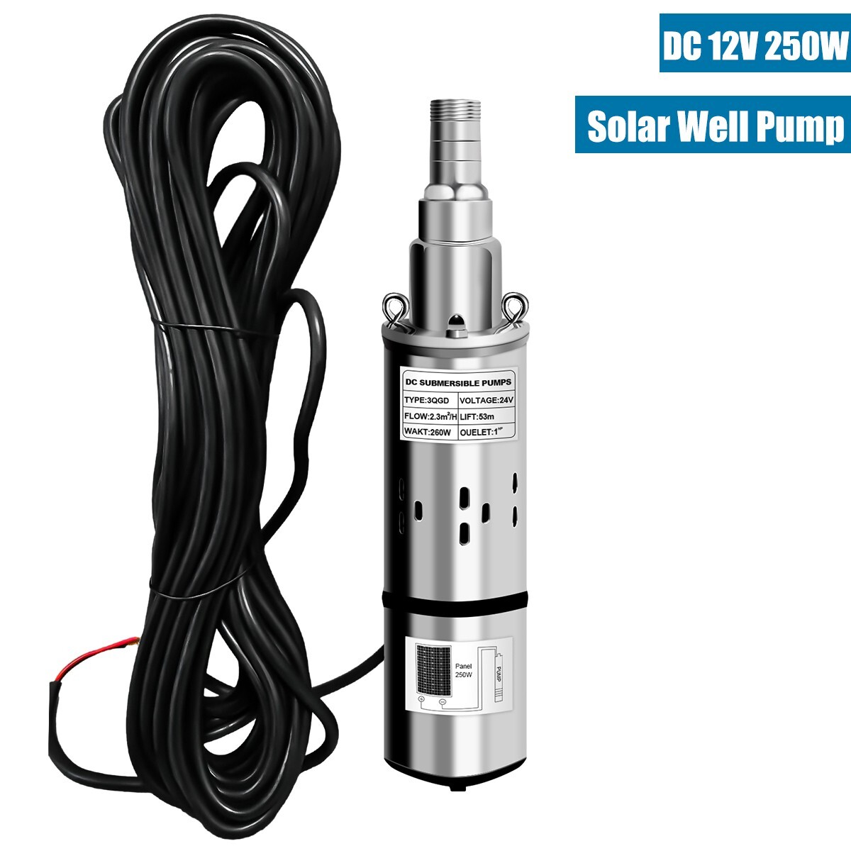 DC 12V 3” Solar Deep Well Pump Water Pump 396GPH Stainless Steel Submersible