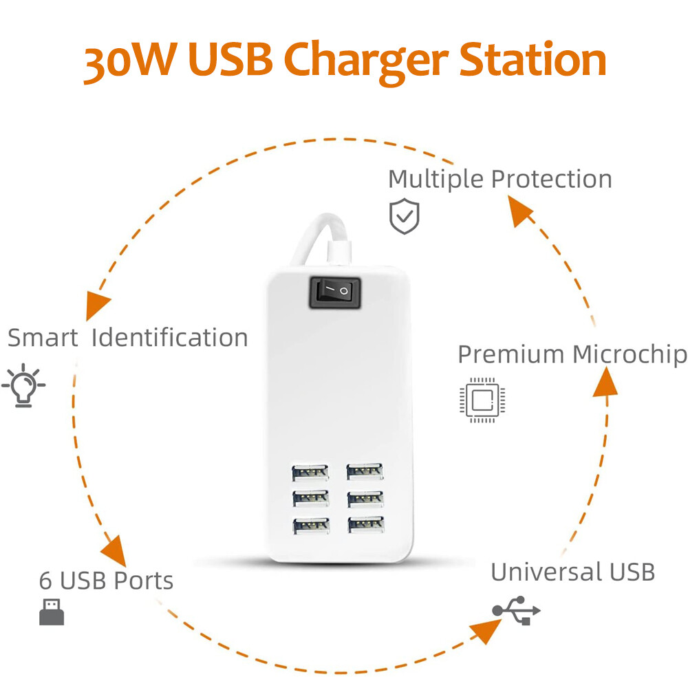 Multi 6 Port USB Hub Wall Charger Station Fast Charging Desktop AC Power Adapter