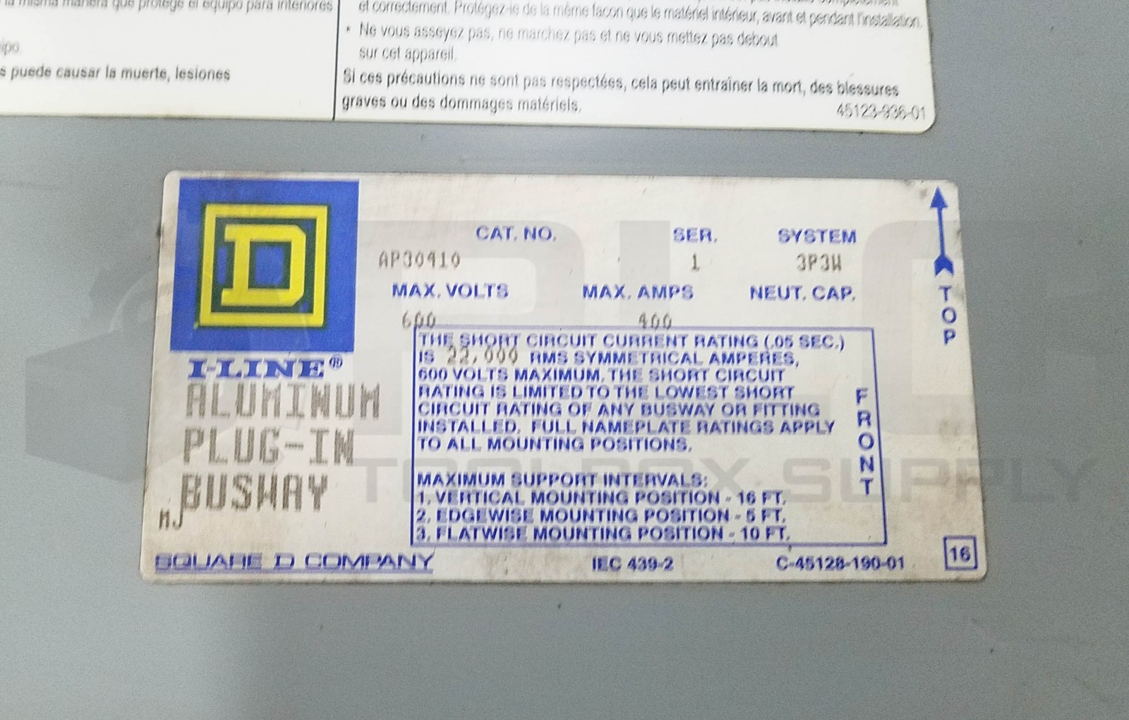 NEW SQUARE D I-LINE ALUMINUM PLUG-IN BUSWAY AP30410 Ser. 1 400A 600V 10′ *READ
