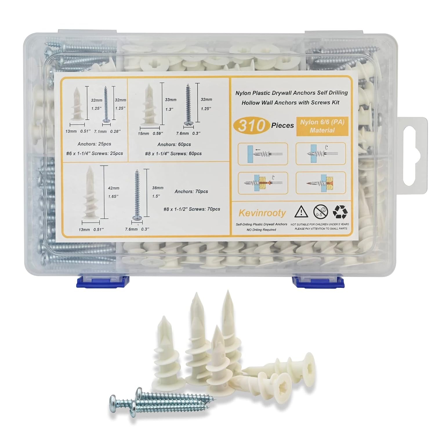 3 Sizes Self Drilling Drywall Anchors, 310PCS Nylon Plastic Wall Anchors