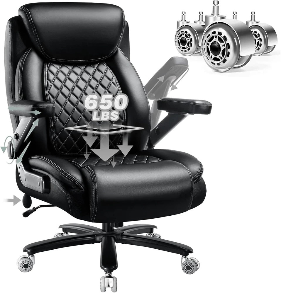 650lbs Big and Tall Office Chair Wide Heavy Duty Executive Chair w/ 5D Flip Arms