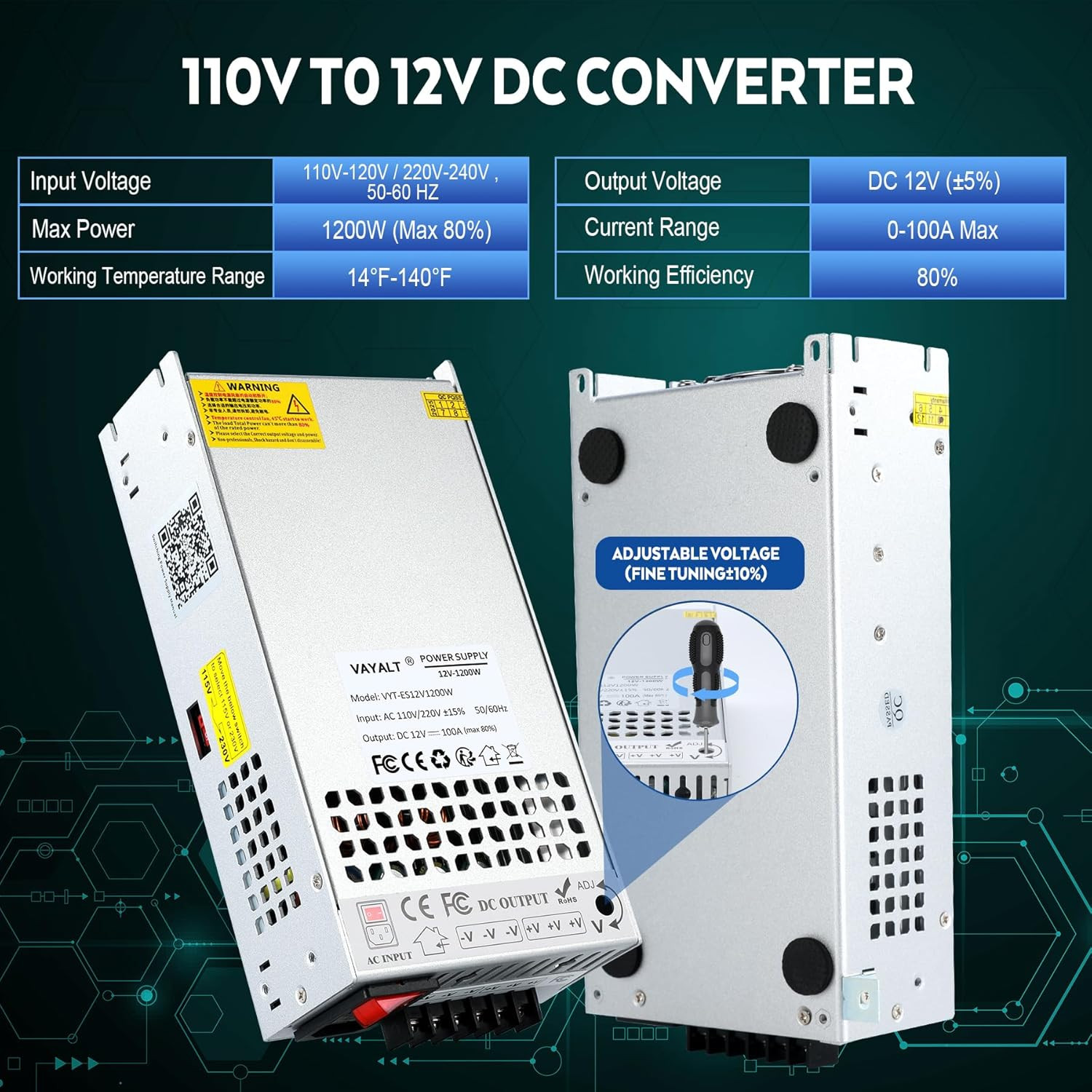 DC 12V 100A 1200W Switching Power Supply, 110V/220 V Power Supply AC to DC Conve