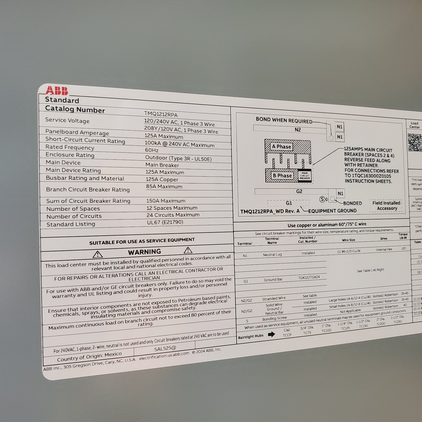 ABB 125 Amp 12 Space 24 Circuit Outdoor Main Breaker Panel Kit TMQ1212RPA