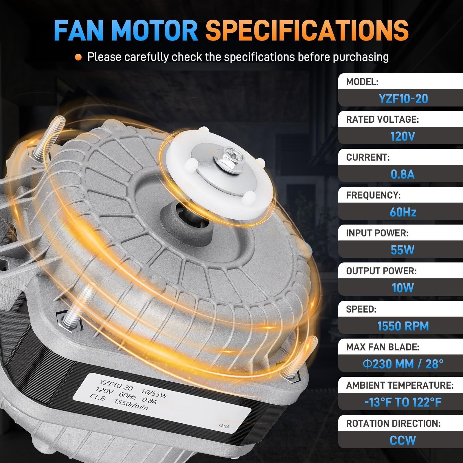 YZF10-20 Fan Motor AC Shaded Pole Condenser For Atosa Avantco 120V 60HZ 1550rpm