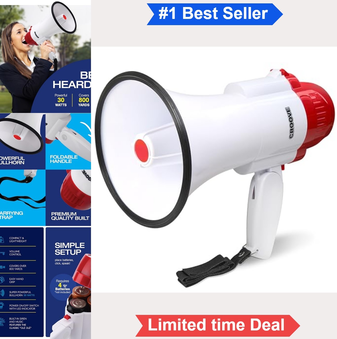 Portable Megaphone Bullhorn 1000 Yard Speaker Rechargeable 1800mAh USB-C Siren