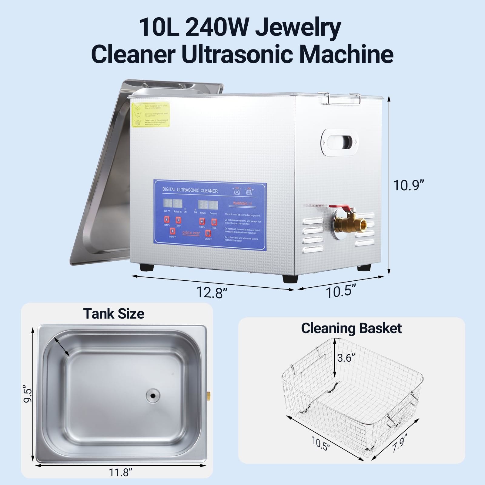 10L Ultrasonic – 240W, 40kHz, Digital Timer & Heater, Heavy-Duty Lab Cleaner