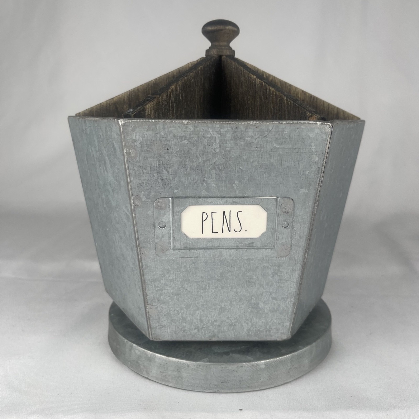 Rae Dunn Galvanized Steel & Wood Metal Rotating Spinning Rustic Desk Organizer