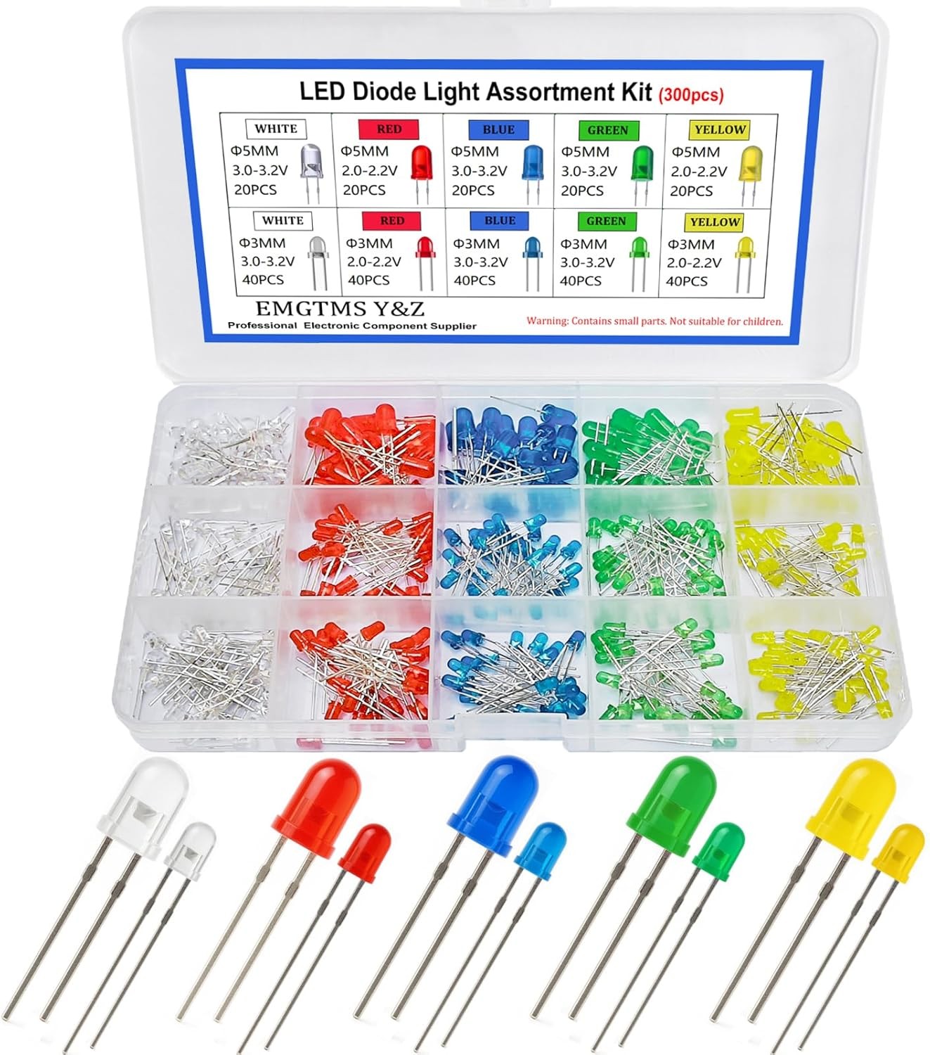 300pcs 3mm 5mm LED Diode Assortment Kit White Red Blue Green Yellow Light