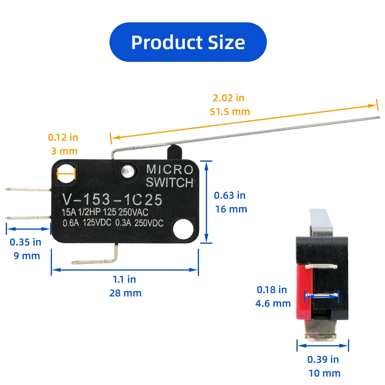 12 Pcs Micro Limit Switch with Long Hinge Lever (V-153-1C25), Black