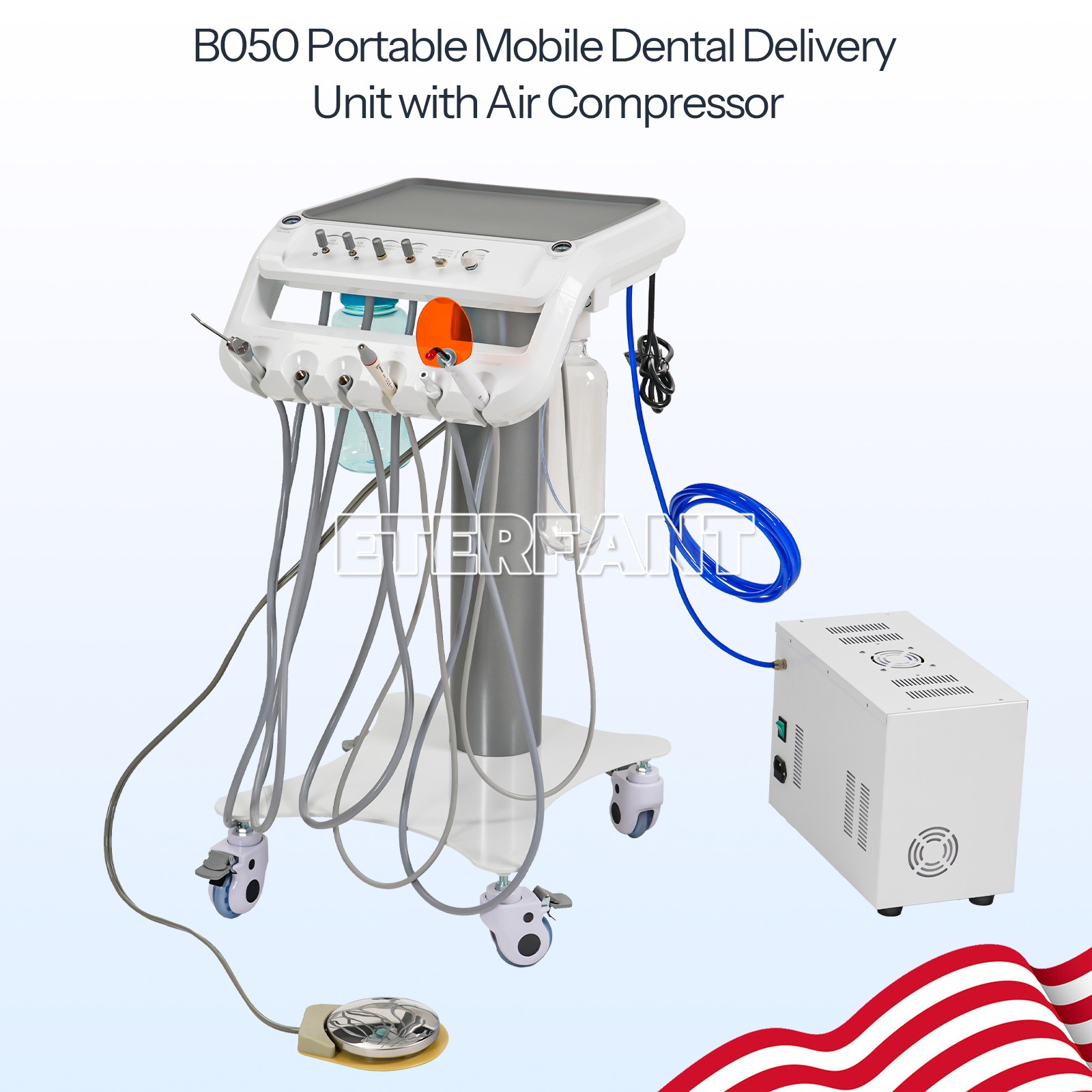 ETERFANT Dental Delivery Unit System 4 Holes with Air Compressor Mobile Cart US