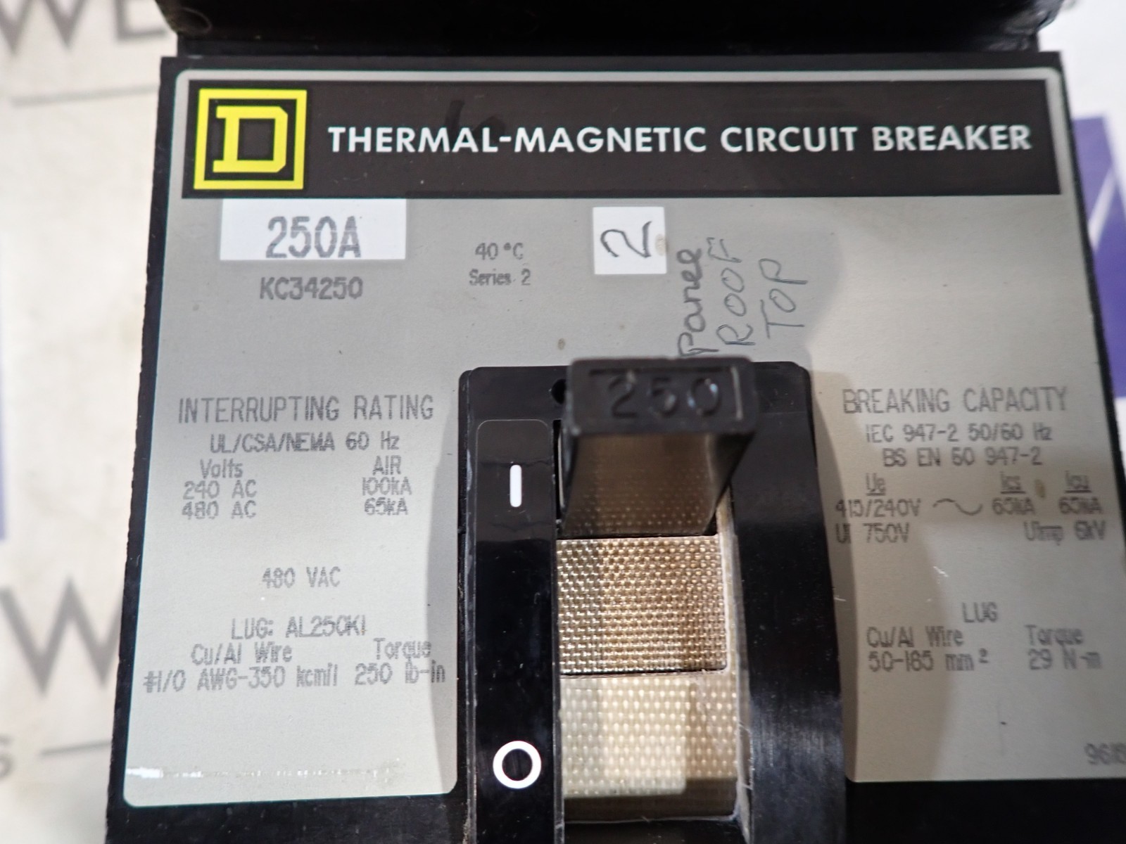 Square D KC34250 250 Amp 480 VAC 3 Pole 65k @ 480v I-Line Circuit Breaker TESTED