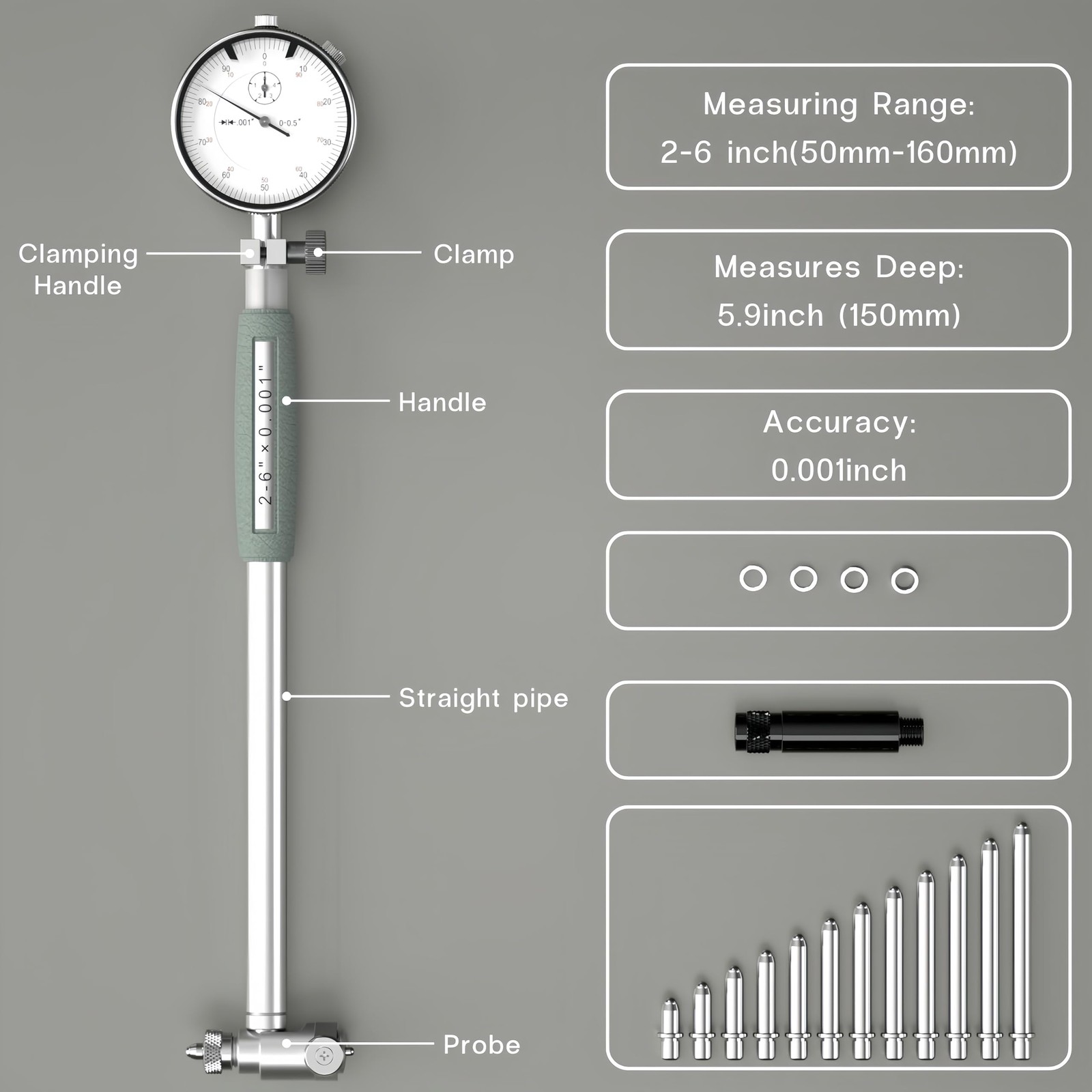 Dial Bore Gauge 2″-6″ / 0.001″, Engine Hole Cylinder Gauge Measuring Tool Set