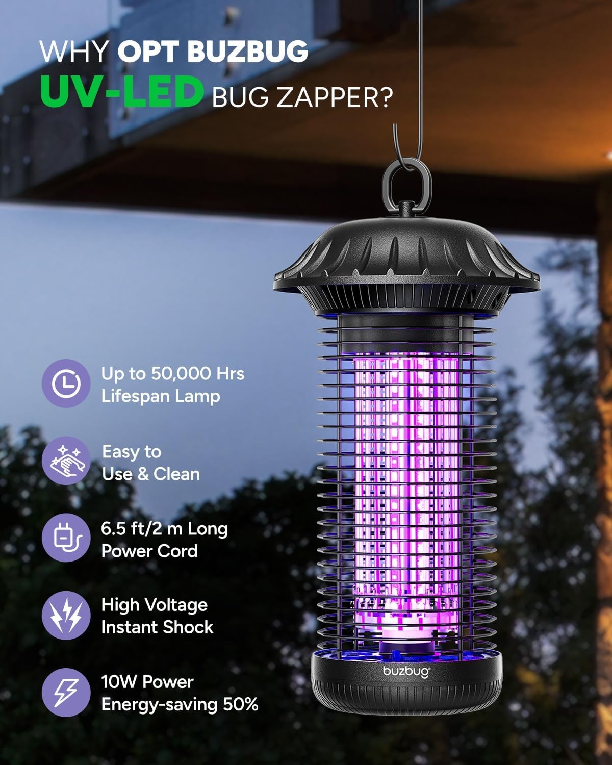 Buzbug LED Bug Zapper Indoor Outdoor 50000Hrs Dual Band MO008C