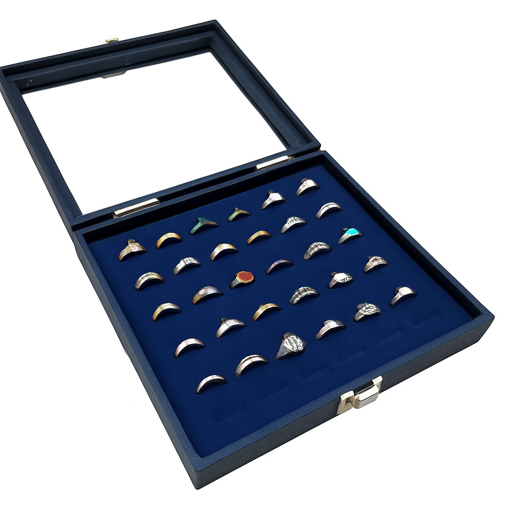 Black Jewelry Display Case Buckle Latch with Glass Top w/Blue Ring Foam Display