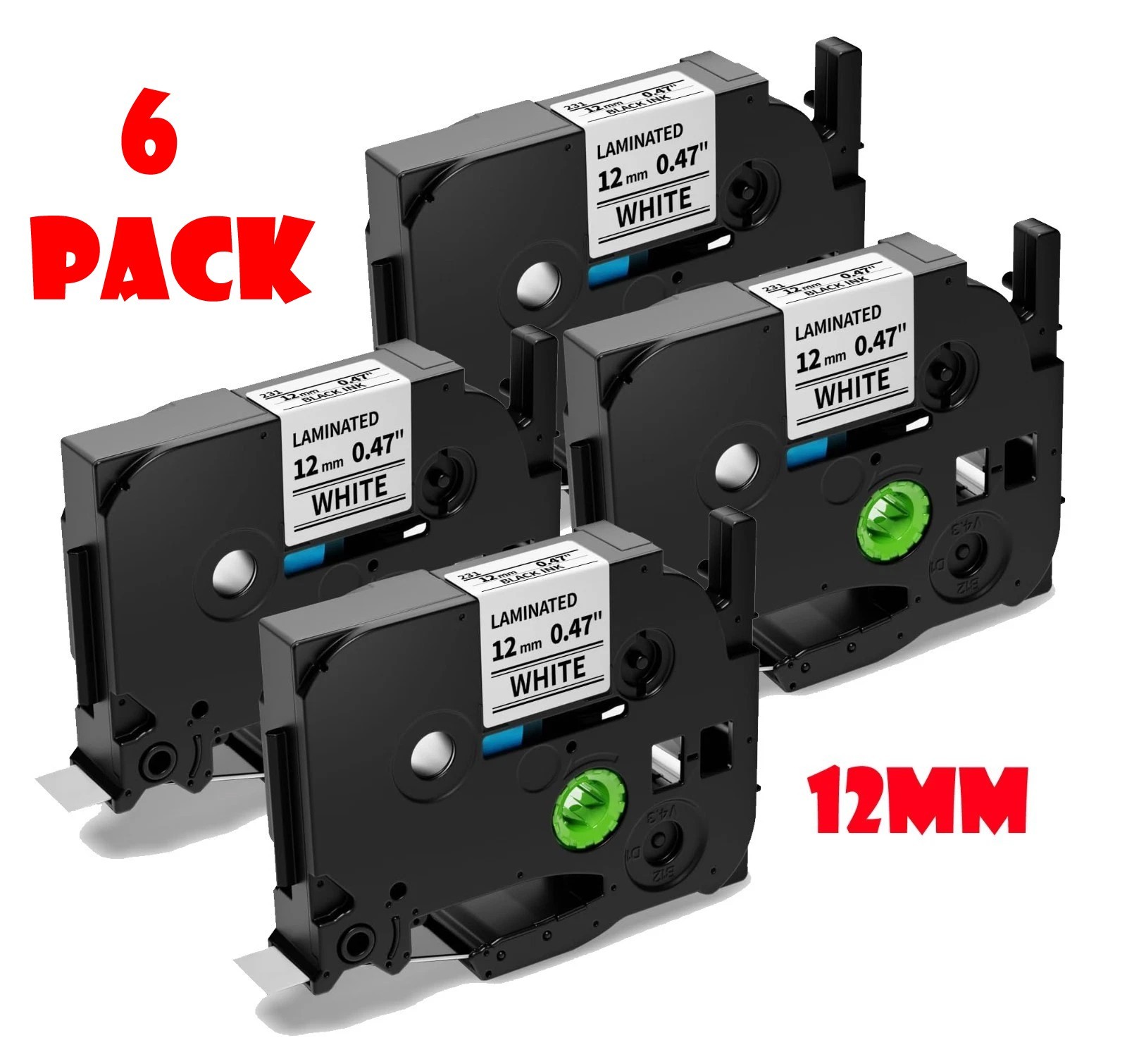 6 Pk 12mm .47″ Label Tape Cartridge Black on White Compatible For Ptouch TZe-231