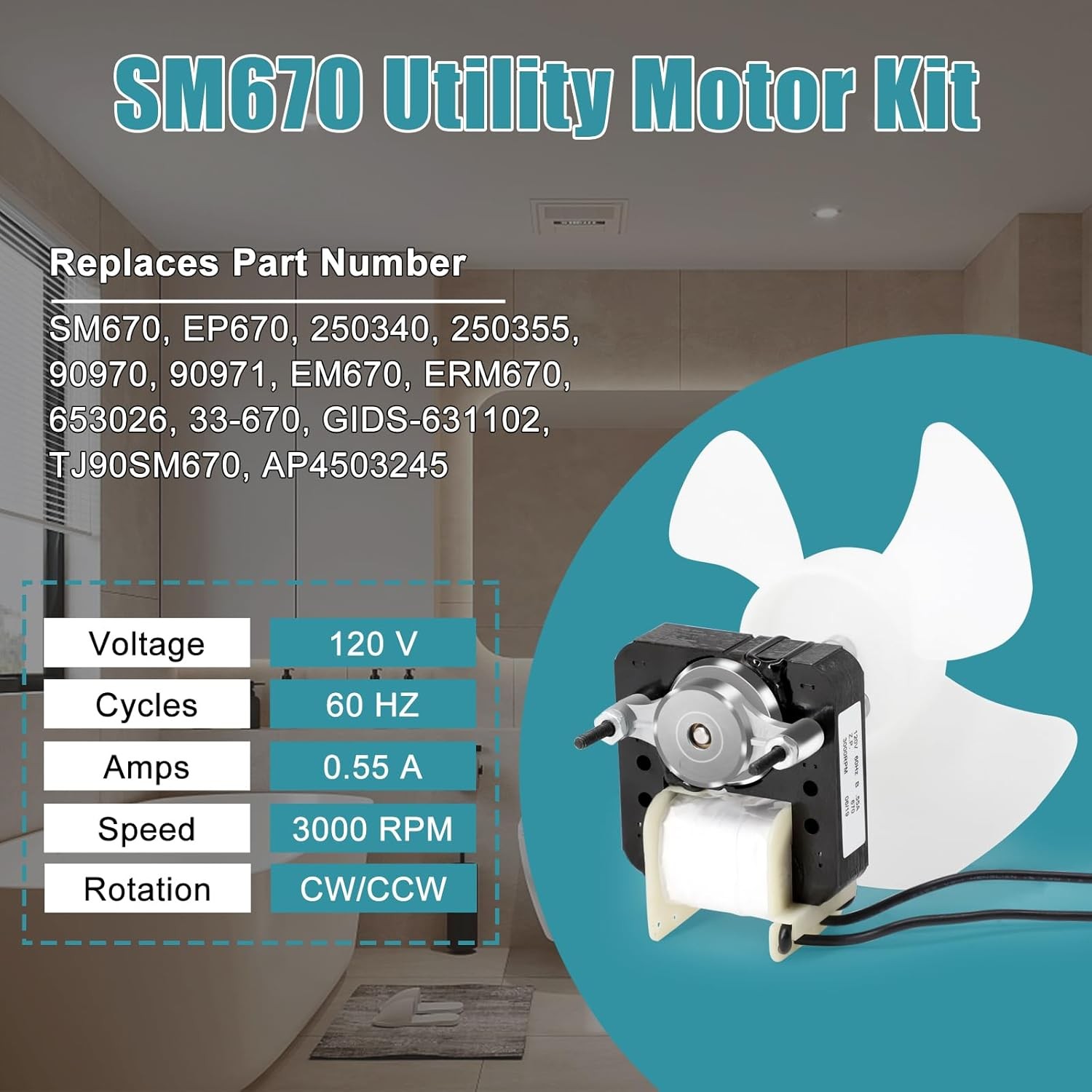 EM670 SM670 ERM670 FAN MOTOR 120 VOLTS RPM 3000 60Hz, 0.55 Amps SHAFT IS 1 1/4″
