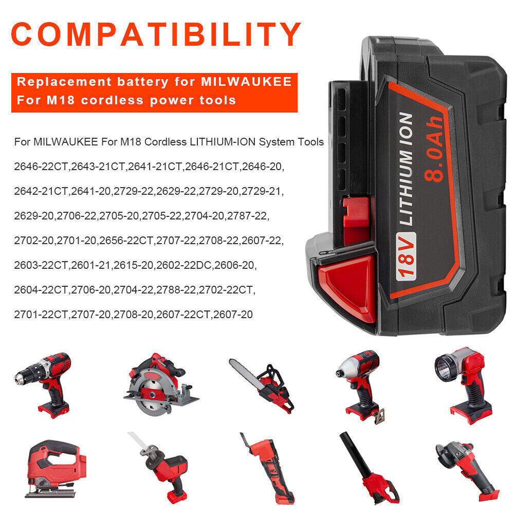 2PACK for M18 Battery Lithium Extended Capacity 8.0Ah For Milwaukee