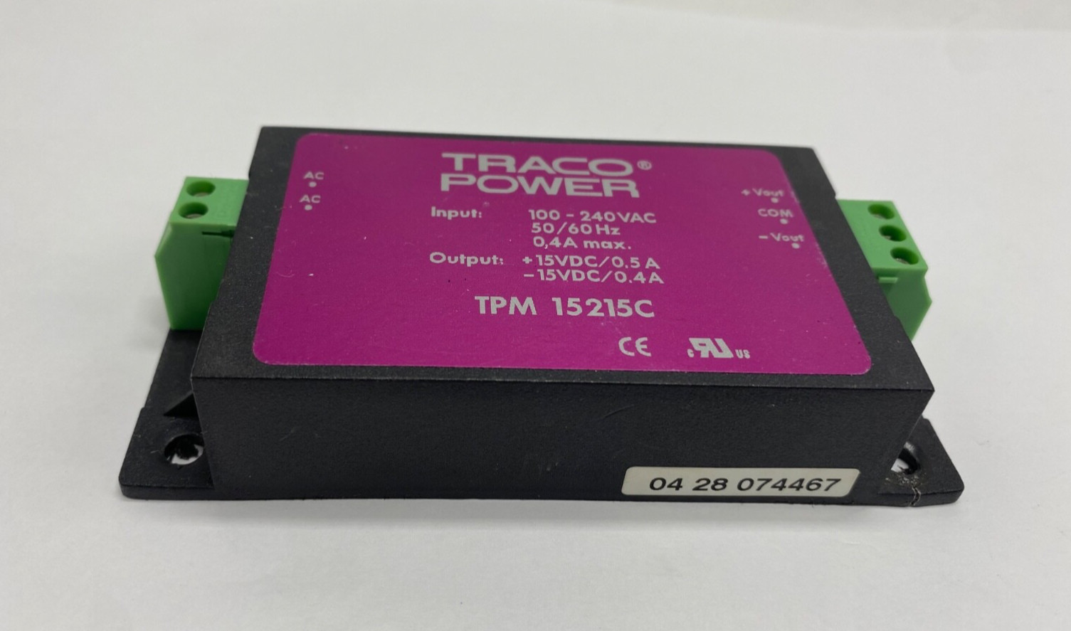 TracoPower switching encapsulated power supply TPM15215C +/- 15vdc output