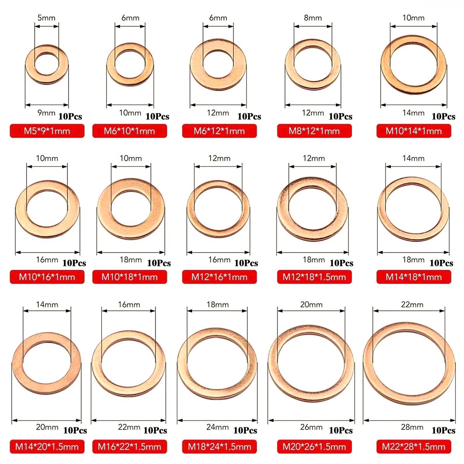 150Pcs Copper Crush Washer Gasket Set Flat Ring Seal Assortment Kit M5 – M22 US