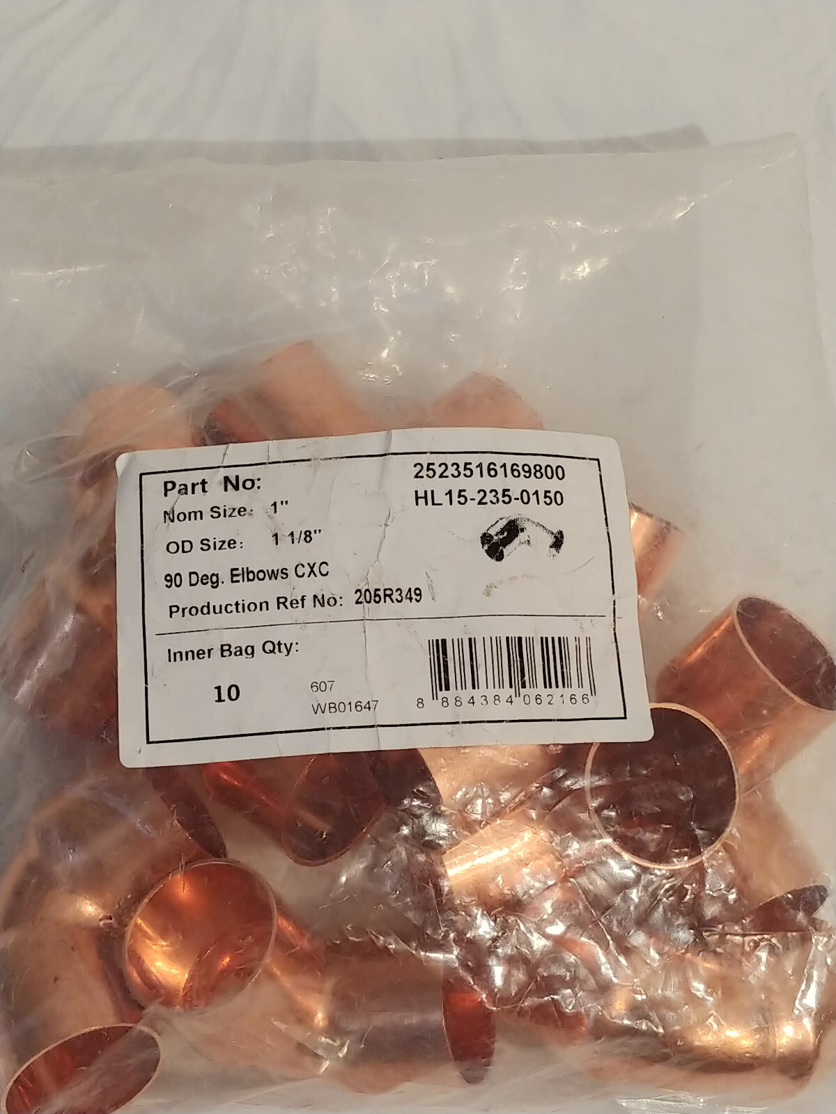 (Bag of 10) Copper 90 Degree Elbow 1-1/8 in. OD, pn WB01647