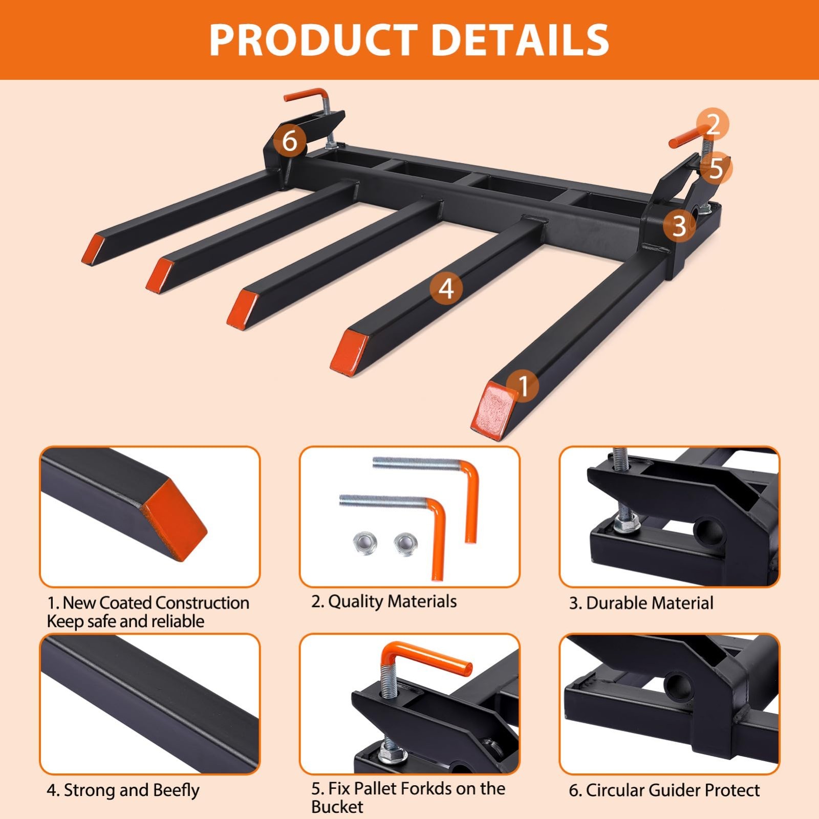 Clamp-On Debris Forks for 48″ Tractor Bucket ,2500 LBS with 5 Tines Pallet Forks