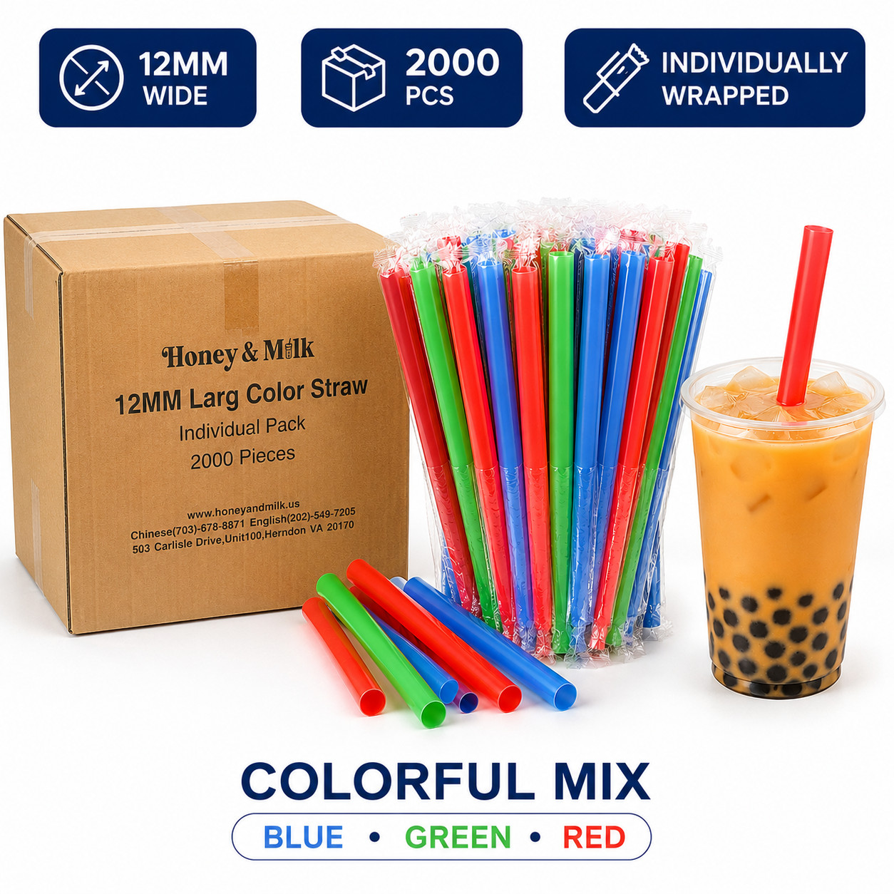 Boba Straws 2000 Count Individually Wrapped 12mm Wide Bubble Tea Straws