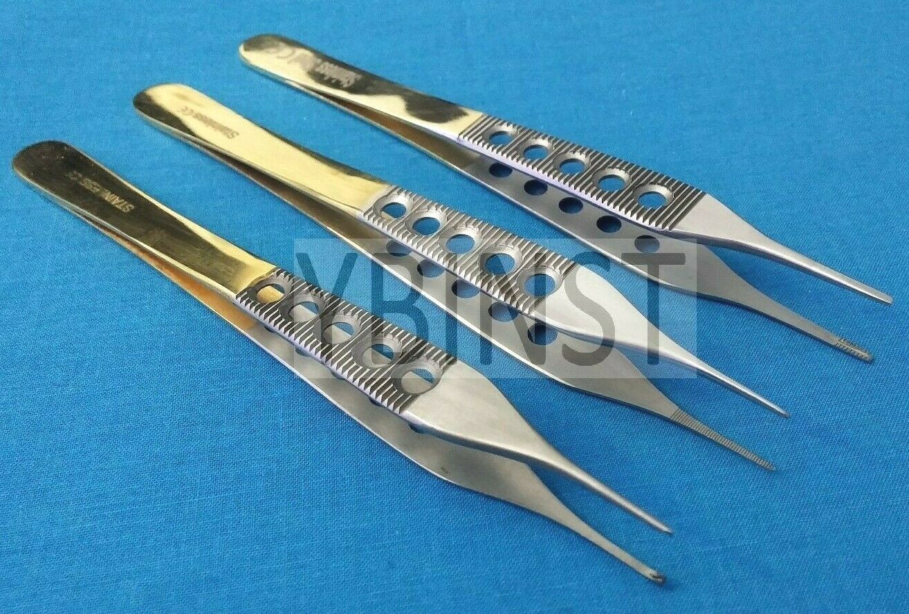 3 PCS ADSON DRESSING +BROWN+TISSUE PLASTIC SURGERY FORCEPS 6″ GOLD HANDLE