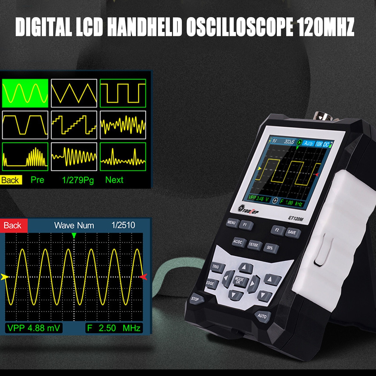 Handheld LCD Digital Oscilloscope 120MHz Bandwidth 500MSa/s Sampling Rate E6C1