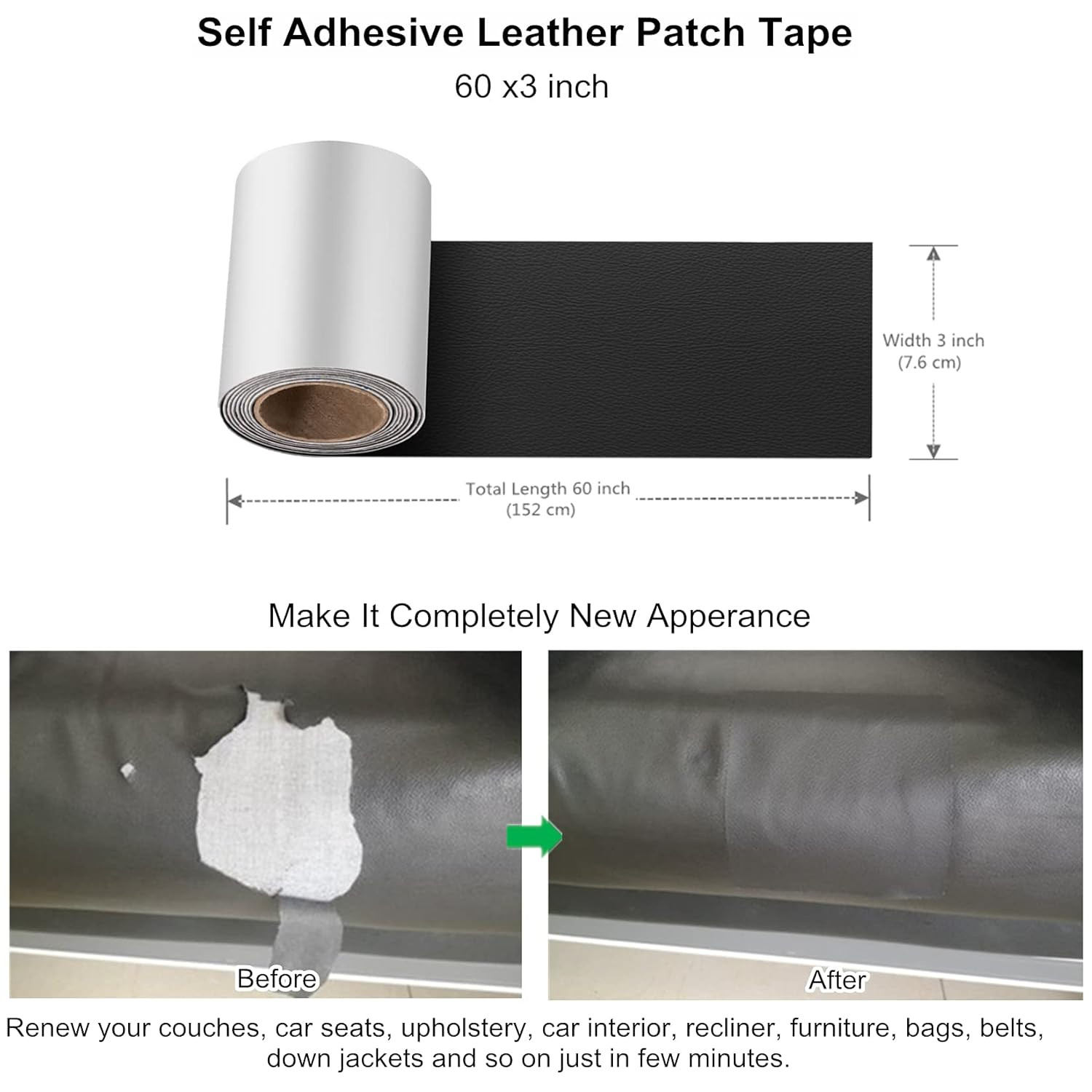 Self Adhesive Leather Repair Patch Tape 3X60 Inch, Vinyl and Leather Repair Kit