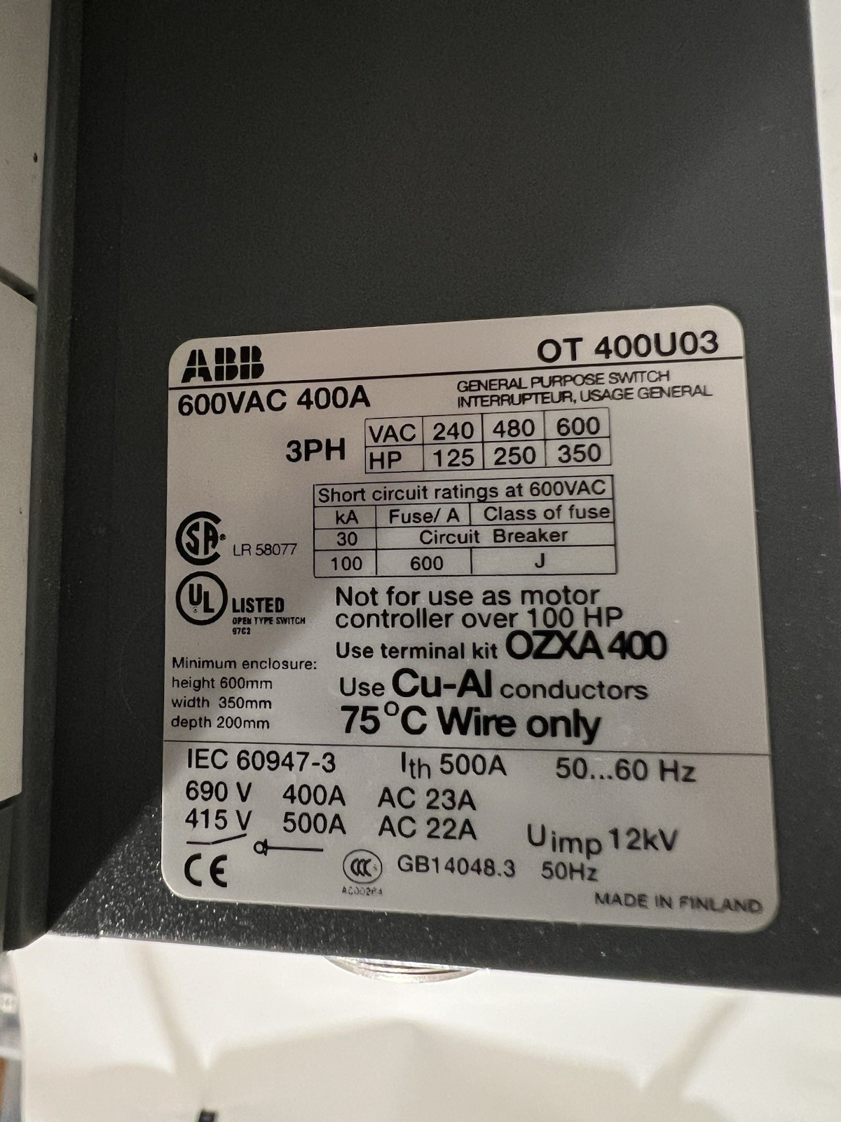 ABB OT 400U03 Disconnect Switch 600 VAC 400 Amps 3 Phase