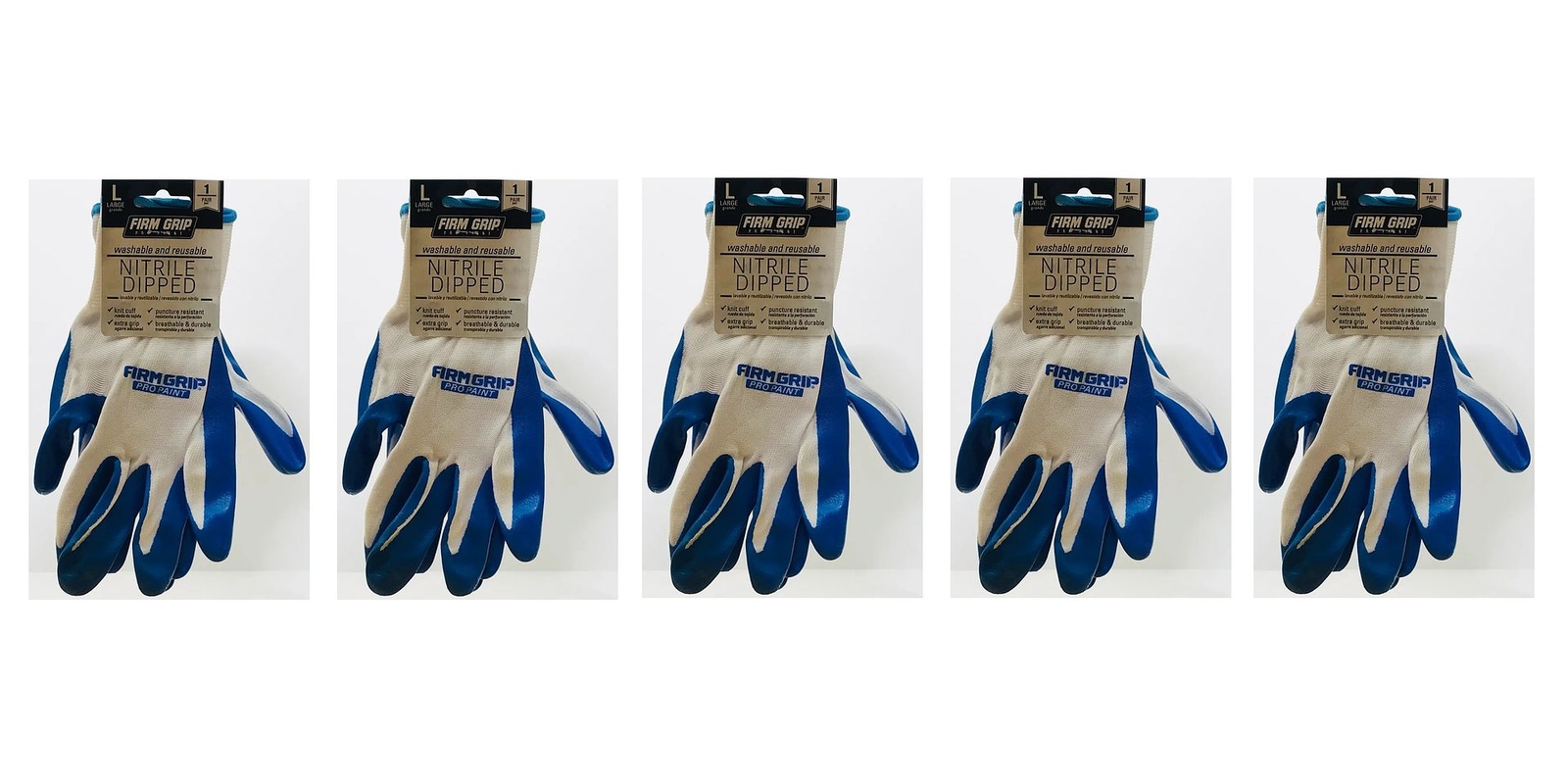 New Lot (5) x Firm Grip Pro Paint Washable Nitrile Dipped Gloves (Large) Pairs