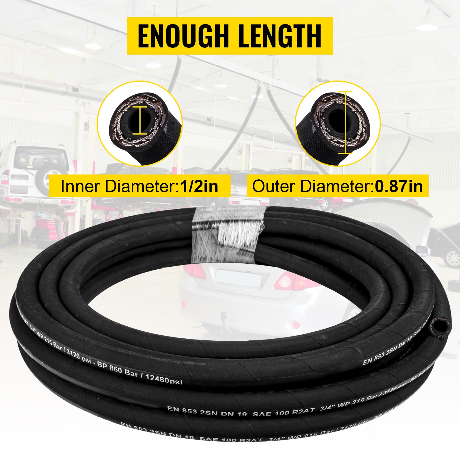 Uimoso 1/2″ Hydraulic Hose, 100 ft, R2 Steel Wire, 4000 PSI Working Pressure