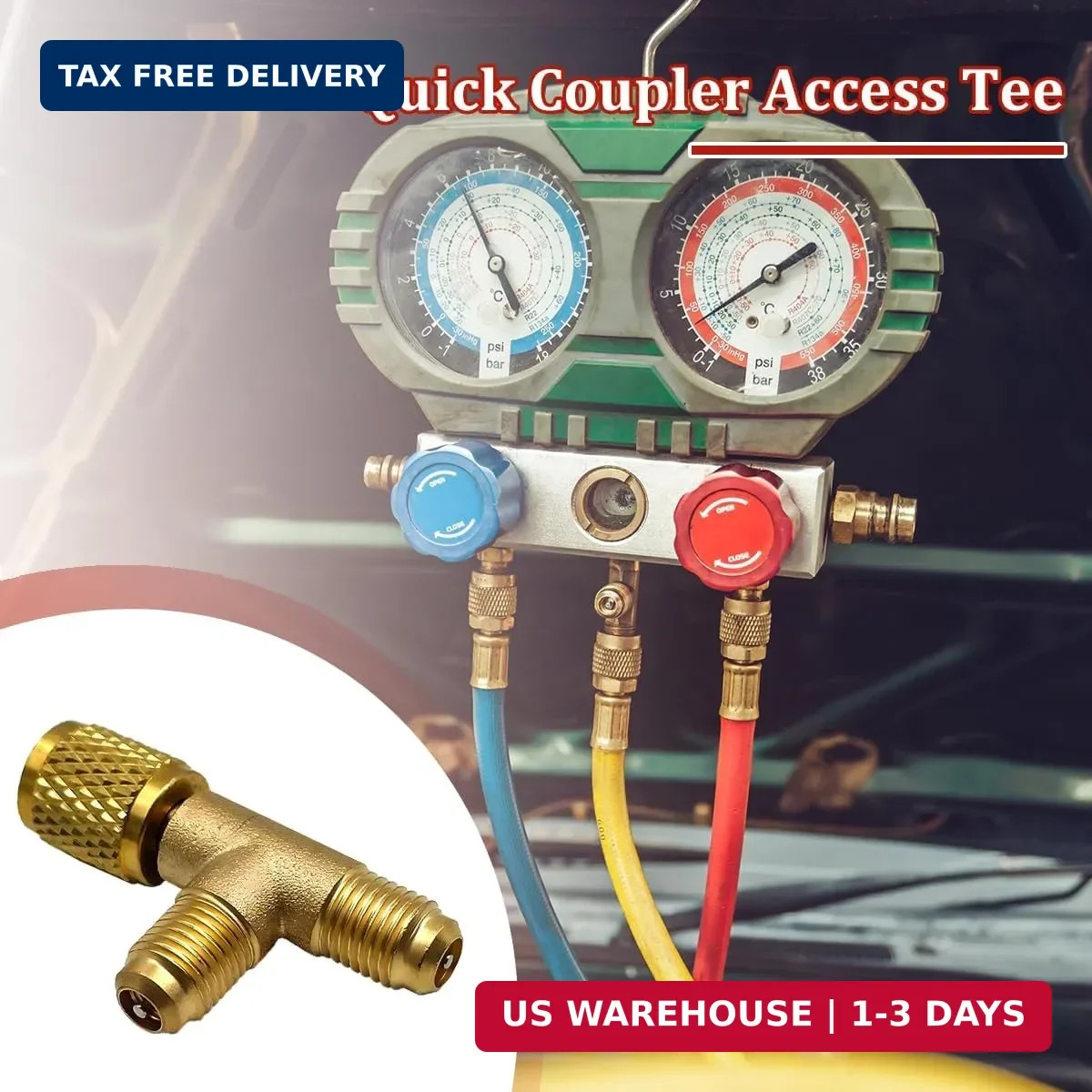 Car Quick Coupler Access Tee, Brass 1/4″ SAE Valve Core Tee Adapter for R22 R12