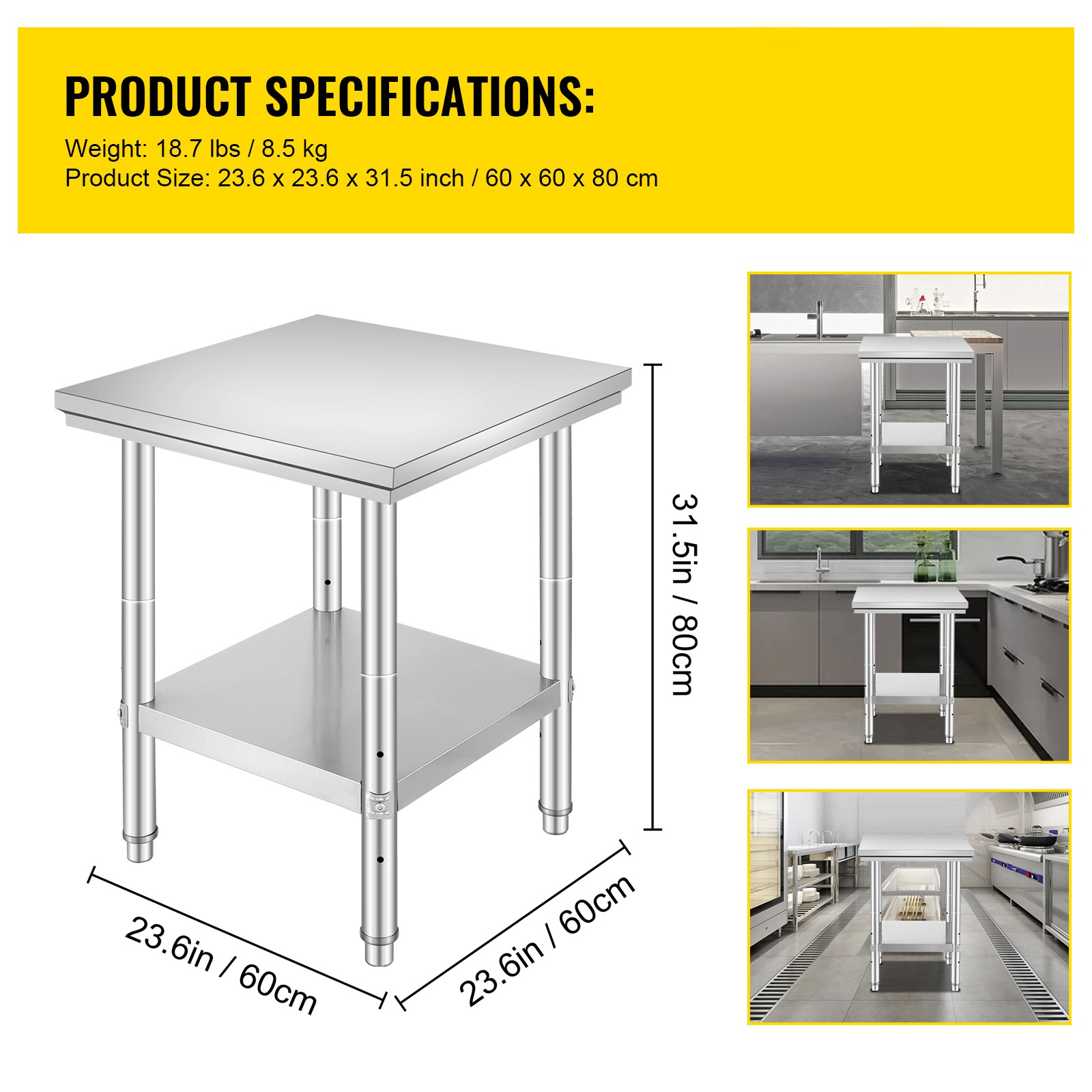 Uimoso Stainless Steel Commercial Prep Table for Food Service, 24x24x31in