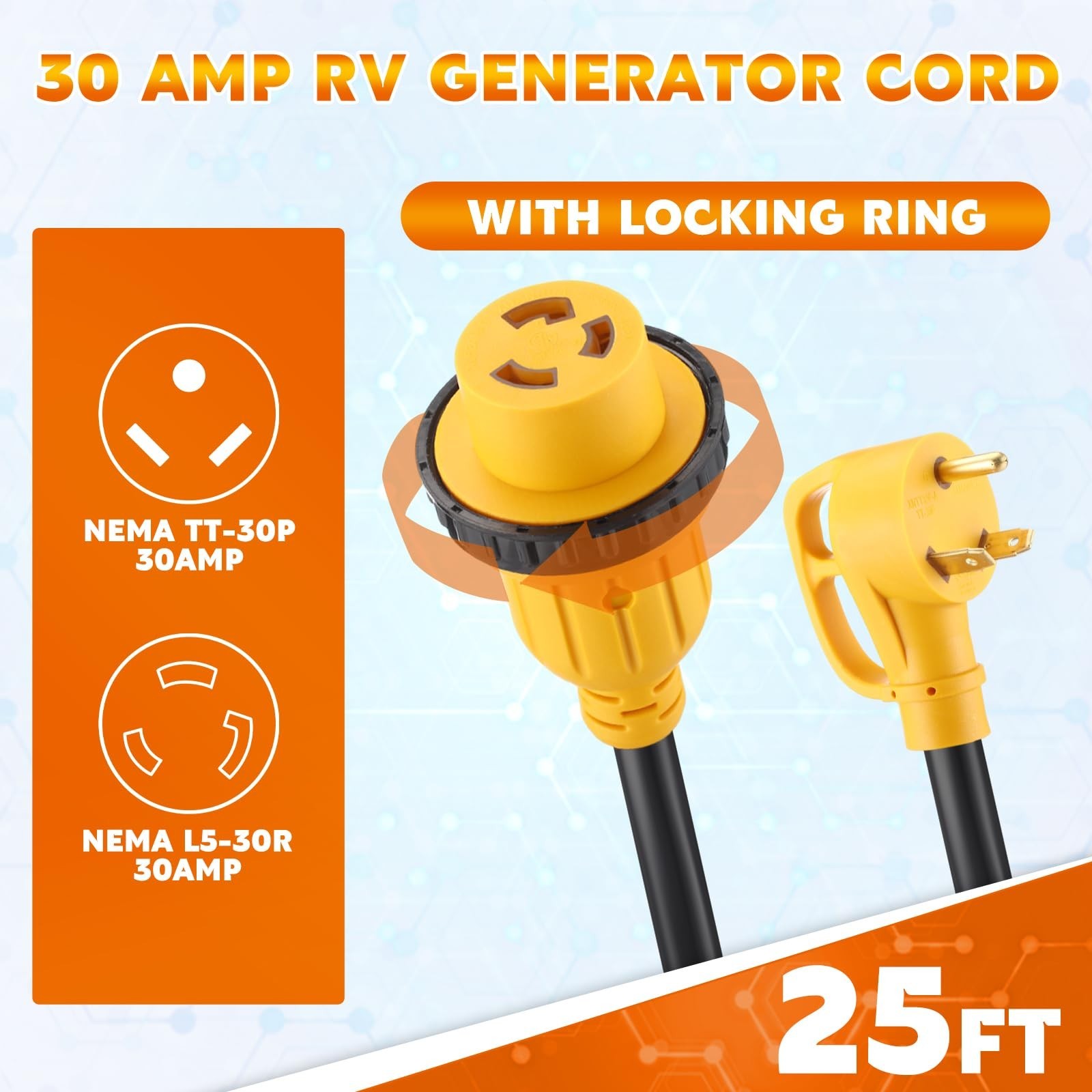 Kanayu 25FT 30 Amp RV Generator Cord And Power Inlet NEMA TT-30P L5-30R Lock