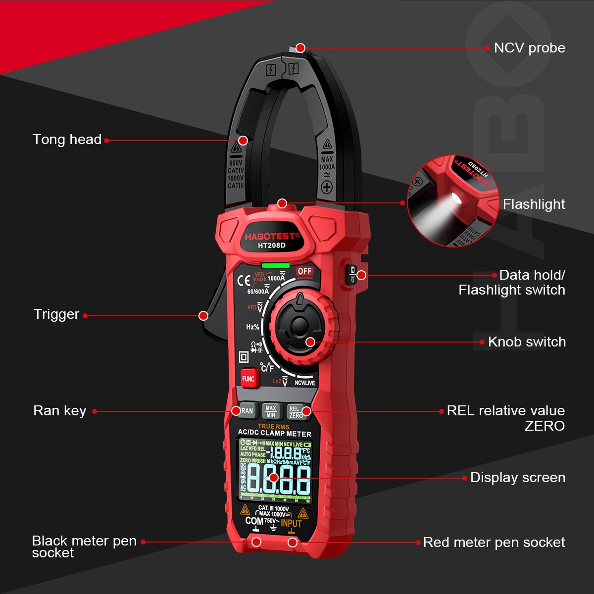 HABOTEST HT208D Digital Clamp Multimeter Volt Am Ohm Tester True RMS Battery