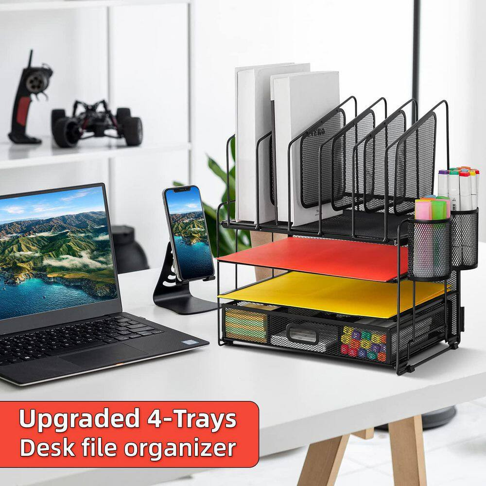 12.85″ X 16.14″ Black Metal Desktop Organizer – 4-Tier Mesh File Organizer (With