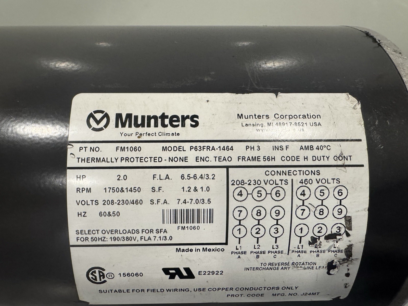Munters FM1060 Motor 2HP 1750/1450 RPM P63FRA-1464 NEW! SHIPS FREE!