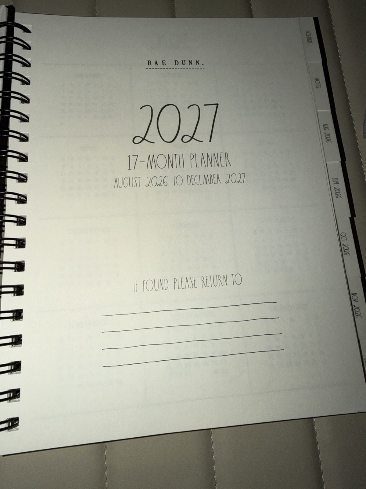 Rae Dunn Large Hard Cover Spiral 17-month Planner Aug. 2026-2027 (Black/Ivory)