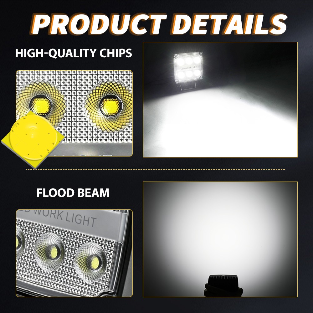 2PCS Square LED Work Light Pods 4 Inch Flood Light Truck Offroad Tractor 12V 24V