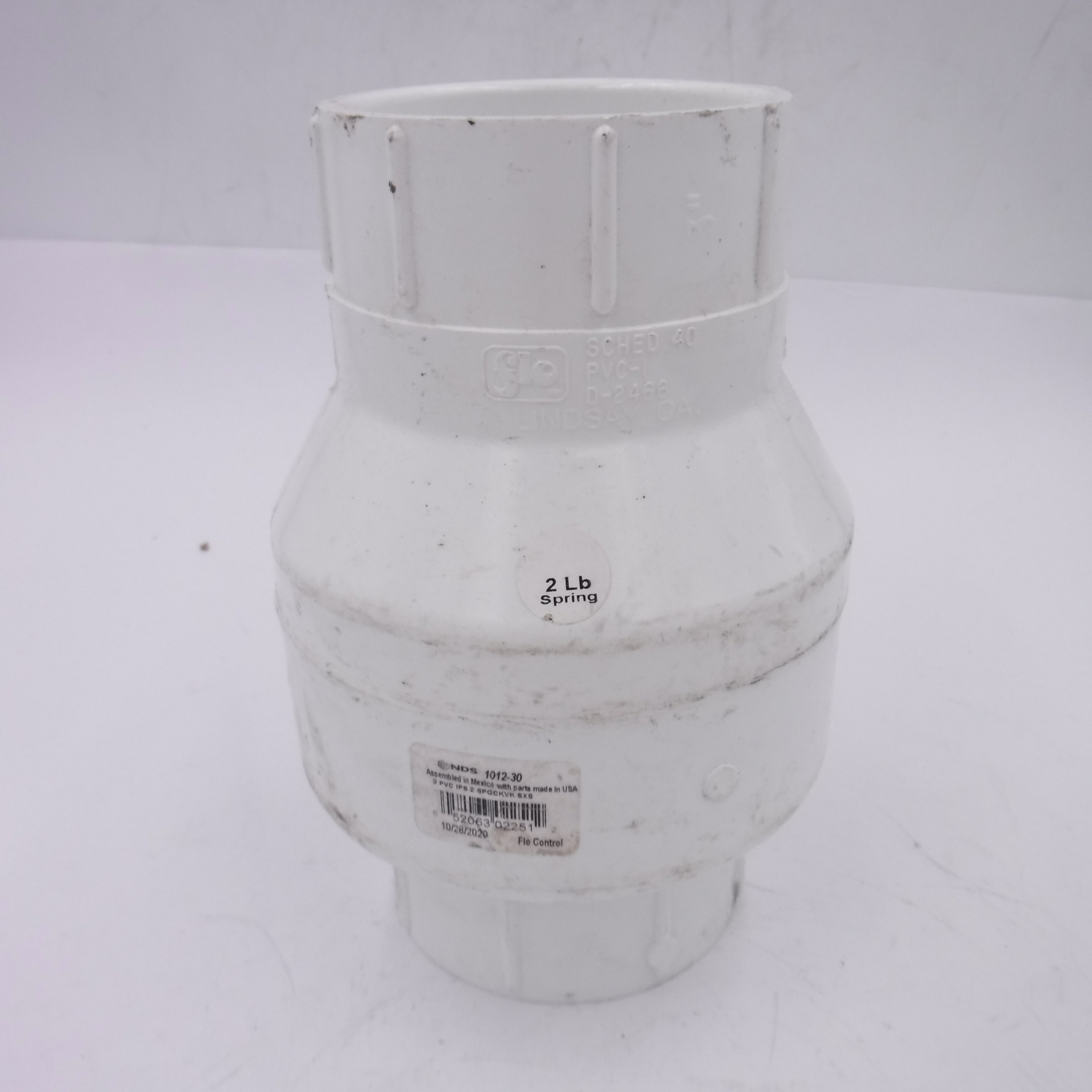 NDS FloControl Series 1012 Spring Check Valve, 3″ Slip, PVC, 2# Spring, White