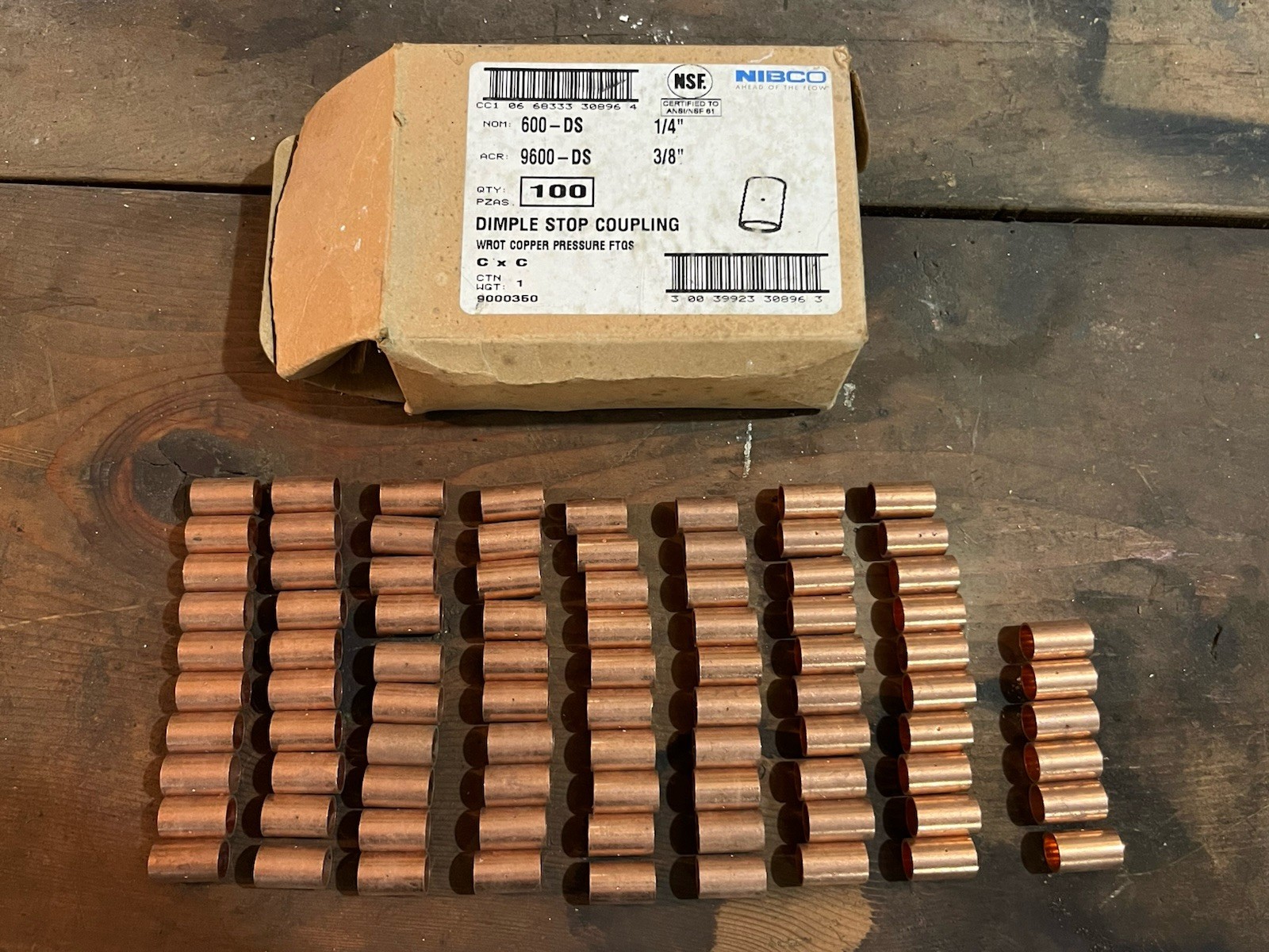NIBCO 600-DS/9600-DS 1/4 3/8 Dimple Stop Couplings Copper Fittings, Box of 88