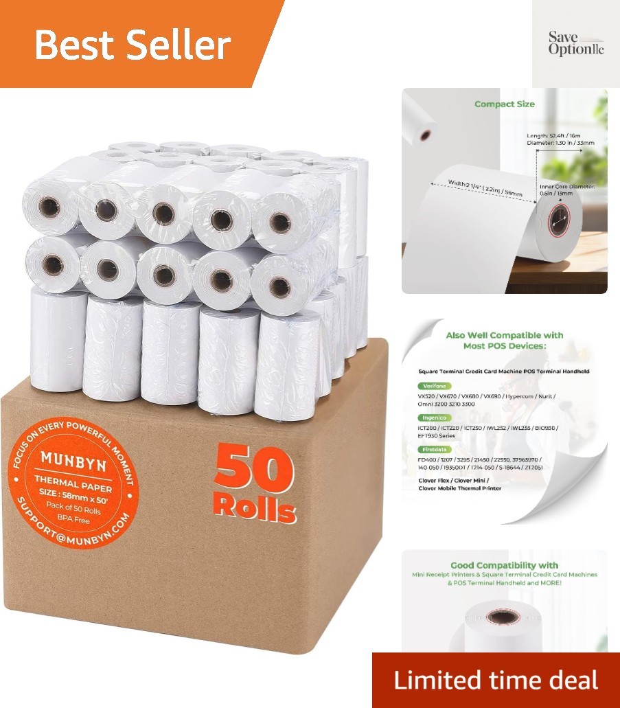 2 1/4″ inch x 50’ft Thermal Paper 50 Rolls, BPA Free Receipt Paper, 58mm Ther…