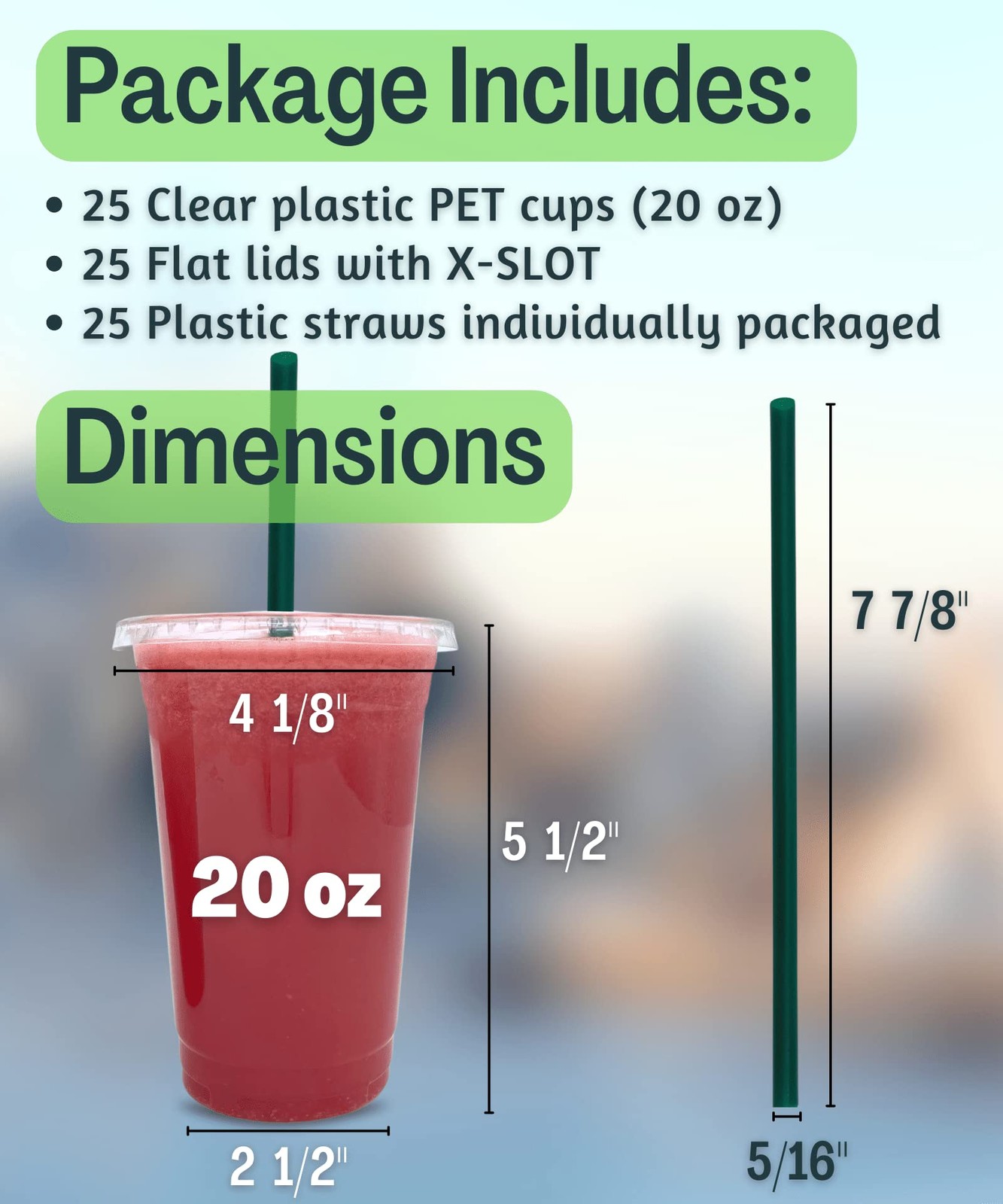 20 oz Clear Plastic Cups with Lids and STRAWS, 50 Piece Set, Transparent