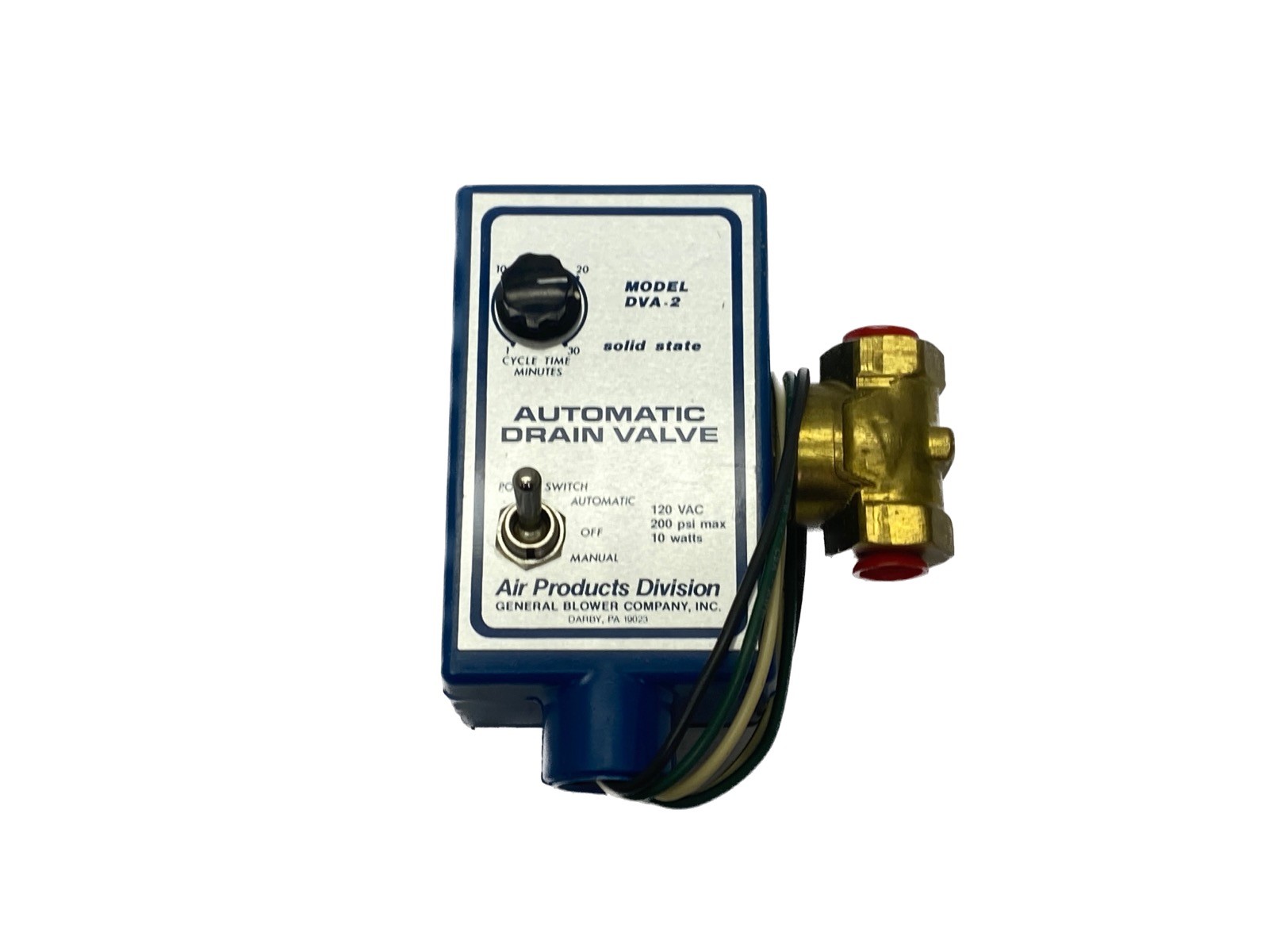 NOS General Air 120VAC 200 Psi 10W 1-30 Min Solid State Auto Drain Valve DVA-2